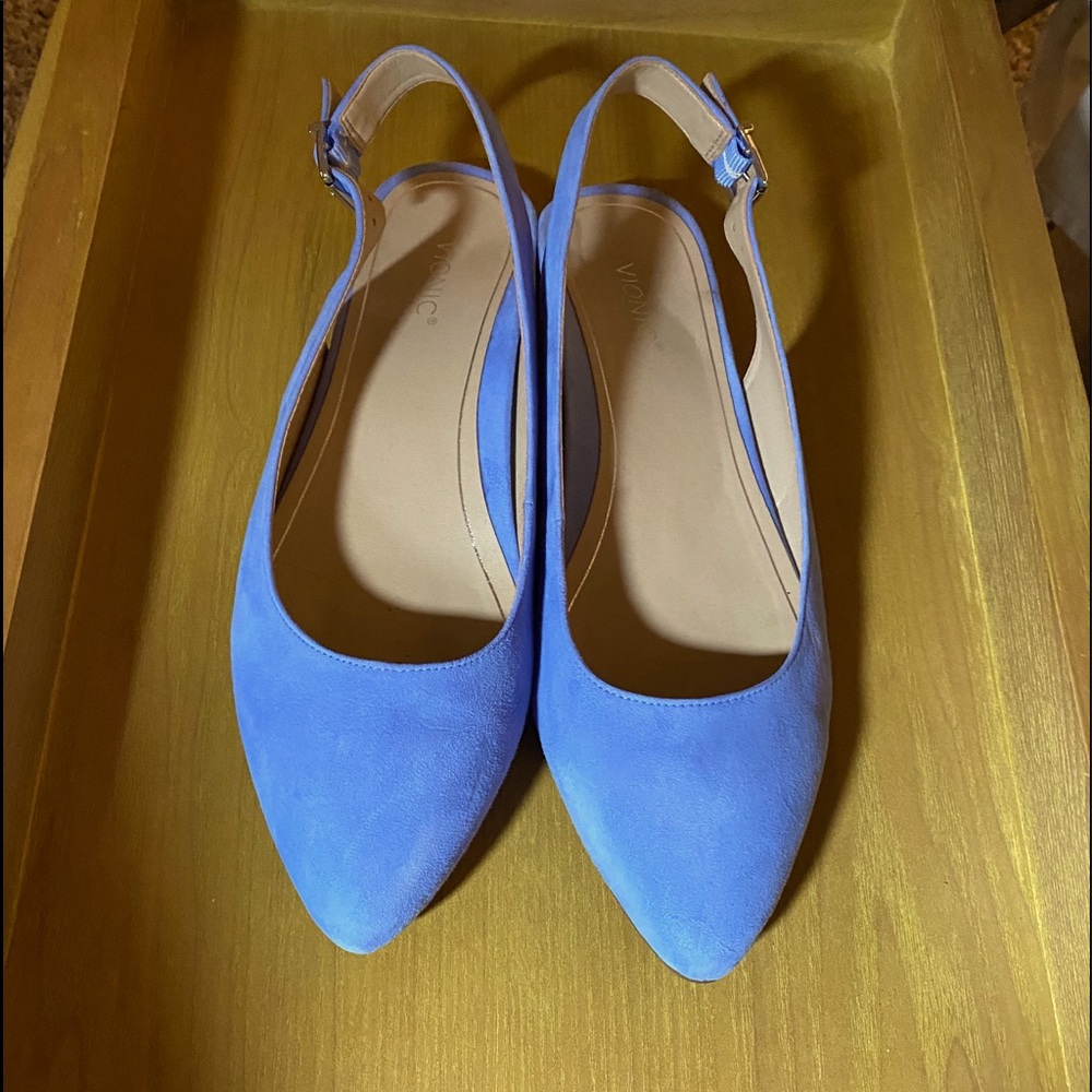 Women’s blue suede sling back shoes